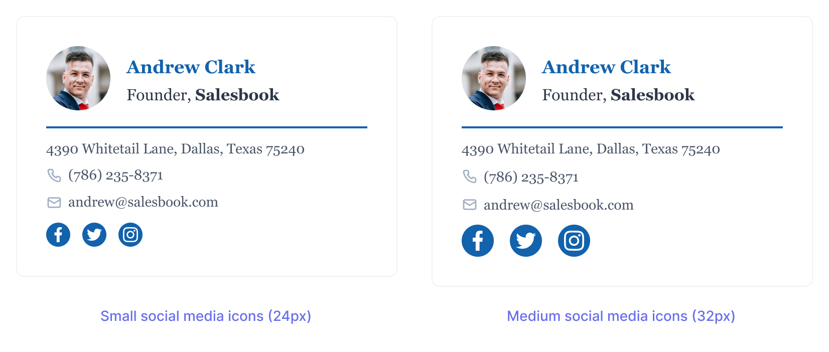 2 examples showing email signature with small sized icons and another one with medium sizes ones